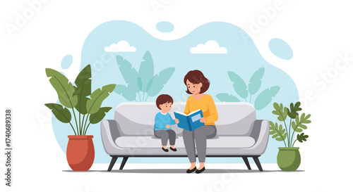 Adobe illustrator artwork vector illustration. A mother reads a book to her child on a sofa, surrounded by potted plants, creating a cozy and loving home scene. Perfect for family, education, and life