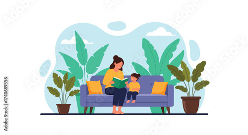 Adobe illustrator artwork vector illustration. A mother reads a book to her child on a sofa, surrounded by potted plants, creating a cozy and loving home scene. Perfect for family, education, and life