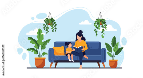 Adobe illustrator artwork vector illustration. A mother reads a book to her child on a sofa, surrounded by potted plants, creating a cozy and loving home scene. Perfect for family, education, and life