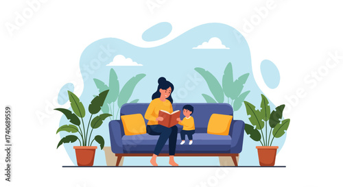 Adobe illustrator artwork vector illustration. A mother reads a book to her child on a sofa, surrounded by potted plants, creating a cozy and loving home scene. Perfect for family, education, and life
