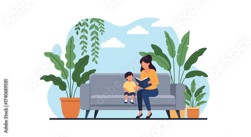 Adobe illustrator artwork vector illustration. A mother reads a book to her child on a sofa, surrounded by potted plants, creating a cozy and loving home scene. Perfect for family, education, and life