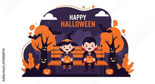 Adobe illustrator artwork vector illustration. Adorable kids in Halloween costumes, surrounded by pumpkins and candy, ready for trick or treat fun! Perfect for festive designs and seasonal promotions.