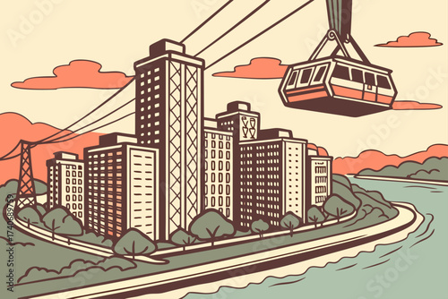 Roosevelt Island in New York City, narrow island with modern high-rises and tramway crossing East River