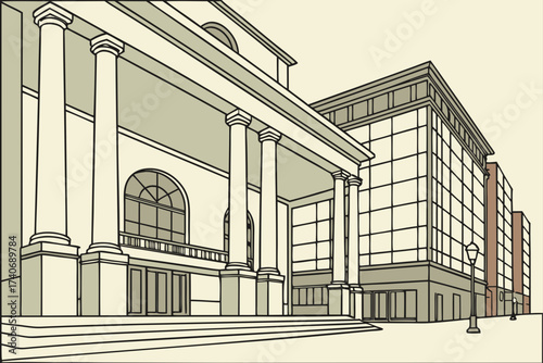 Royal Opera House in London, England, neoclassical colonnade with modern glass extension