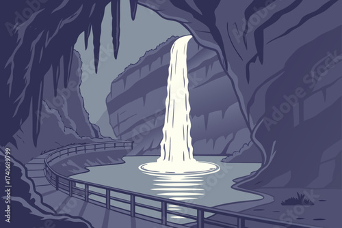 Ruby Falls Cavern in Tennessee, dramatic underground waterfall cascading into illuminated pool