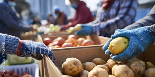Volunteers sorting potatoes and tomatoes into boxes during a food drive event outdoors in daytime
