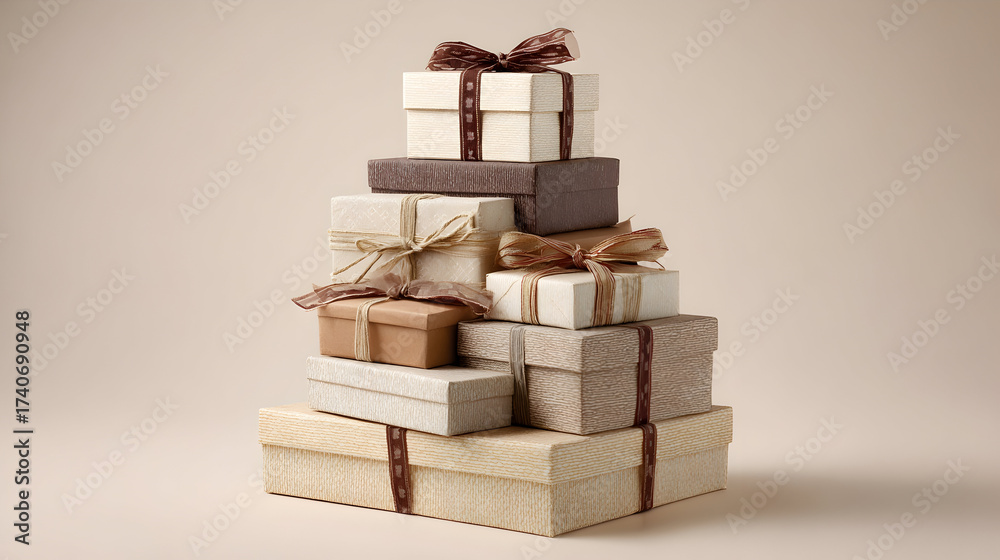 Obraz premium A stack of wrapped gift boxes in neutral colors with ribbons on a light beige background studio shot