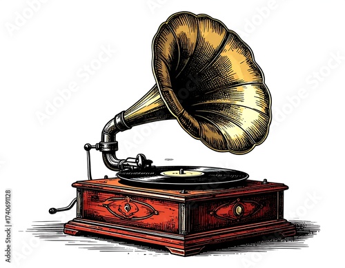 Detailed illustration of a vintage phonograph playing a record