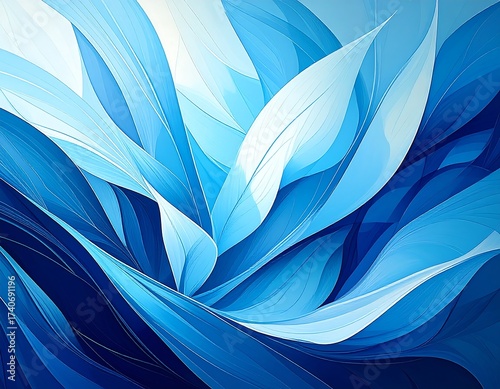 Luminous abstract blue leaves flowing in waves