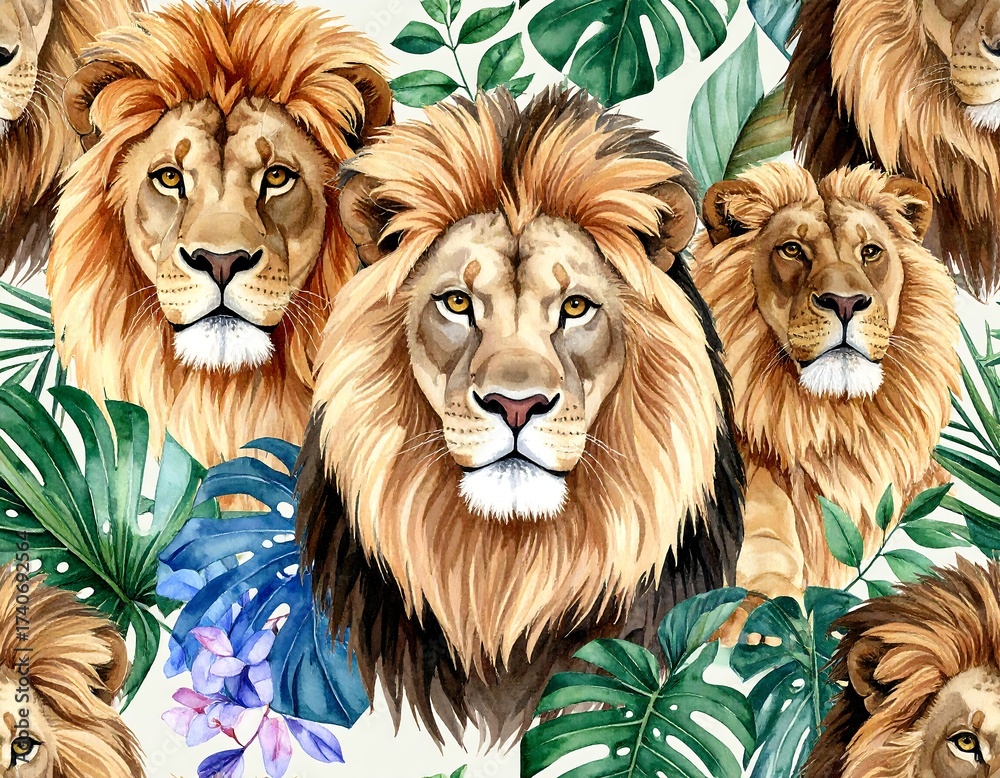 custom made wallpaper toronto digitalSeamless pattern of lion heads amongst tropical foliage