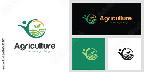 Agriculture Farm Logo Design with Abstract Green Leaf and Field Symbol Growth and Sustainability Graphic Concept for Organic Product, Eco Brand, and Farming Business
