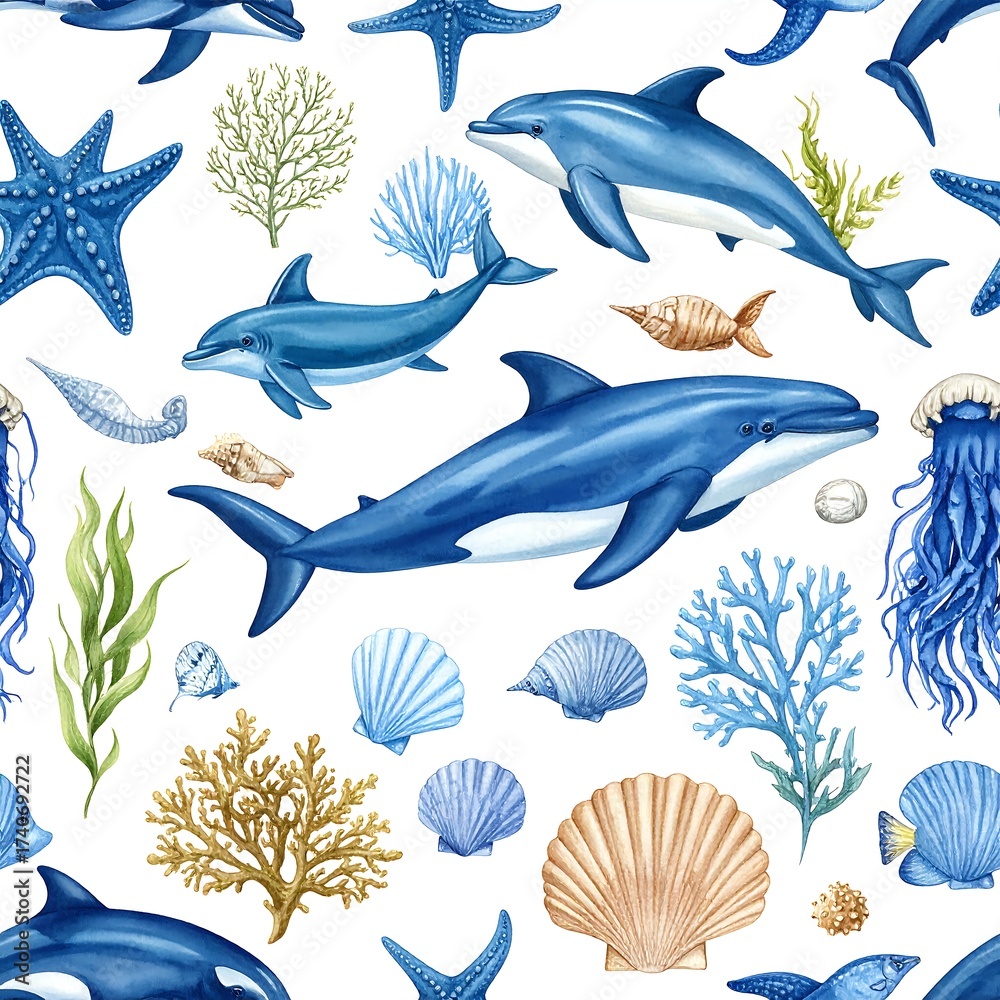 Fototapeta premium Seamless pattern of marine life. Oceanic creatures
