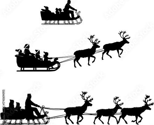 Christmas Santa Sleigh with Reindeer Silhouette Illustration Holiday Winter Festive Vector Art