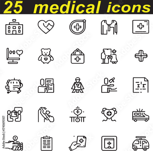 25 Medical icons Medicine and Health symbols ,and scientific equipment with  perfect Vector illustration and .perfect pixel
