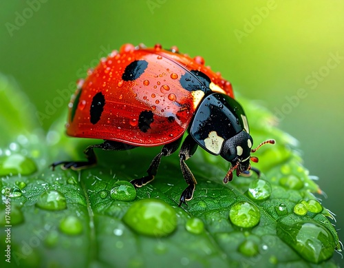 Ladybug in Nature with Vivid Green Background