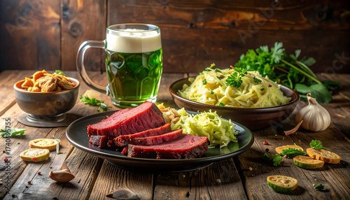 A Rustic Feast with Green Beer, Corned Beef, and Cabbage on Wooden Table