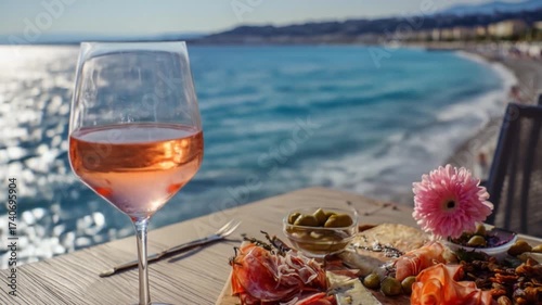 Rose wine glass with appetizer board near ocean on a sunny day