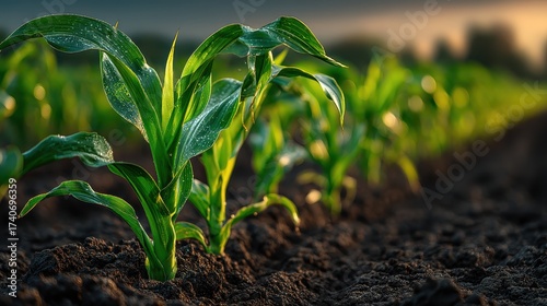 Young green corn plants growing in fertile soil of an agricultural field at sunset
