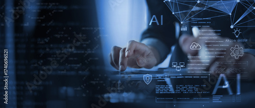 Big data analysis with AI technology. Data scientist, using machine learning and deep learning, data mining and engineering, database management and cyber security system, technology background