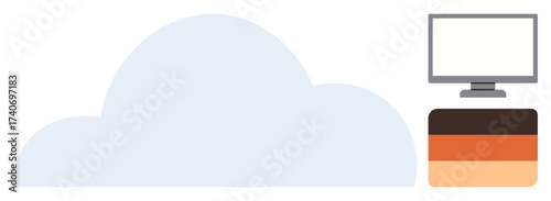 Big cloud symbol with desktop monitor beside horizontal stacked color layers. Ideal for data storage, technology, cloud computing, efficiency, digital solutions, internet workflow, simple flat