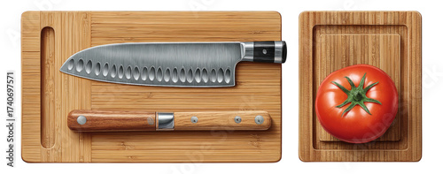 Elegant Kitchen Knife with Tomato on Bamboo Cutting Board