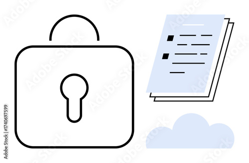 Lock representing security, cloud symbol for data storage, and documents for information. Ideal for cybersecurity, privacy, sensitive data management, cloud storage, online protection
