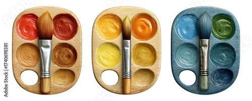 Artist Palette With Paints And Brushes In Three Color Variations