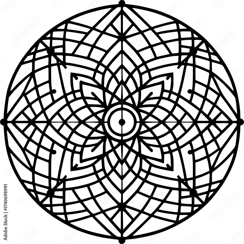 Obraz premium Geometric Mandala: A captivating geometric mandala, a symbol of balance and harmony, meticulously crafted with intricate lines and symmetry. A visual representation of meditative art.