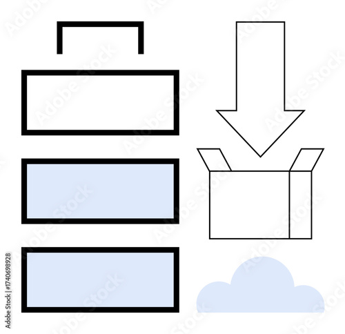 Stacked files with a box and downward arrow suggesting backup, download, or file transfer to cloud storage. Ideal for technology, data management, organization, cloud services, archives, logistics
