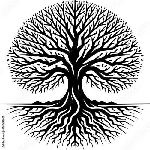 Minimalist Tree with Roots and Branches Line Art Black and White Vector