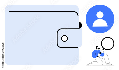 Minimal wallet design with profile icon and man examining with magnifying glass. Ideal for online payment, finance, security, identity verification, digital services, analysis, privacy. Simple flat