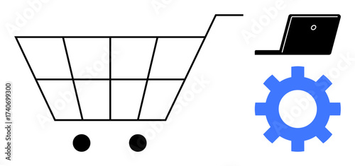 Shopping cart with two wheels, open laptop, and a blue gear. Ideal for online shopping, technology, business tools, automation, digital interface e-commerce functionality. Simple flat metaphor