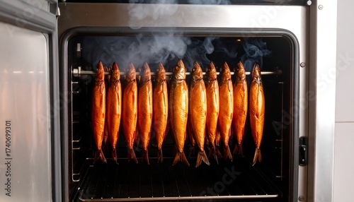 Smoked fish hanging in a commercial smoker