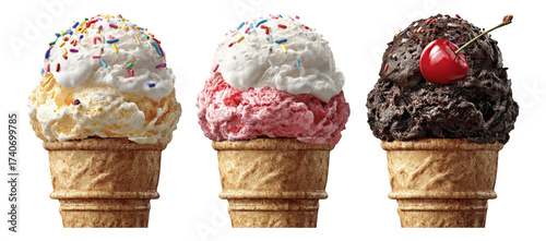 Three Ice Cream Scoops on Cones with Colorful Sprinkles