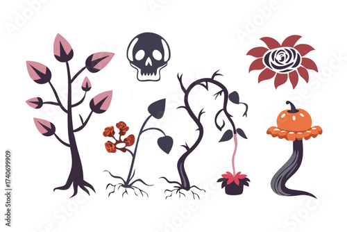 Halloween plant set with skull and pumpkin