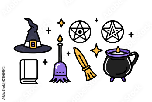 Halloween doodle set with witch and magic items