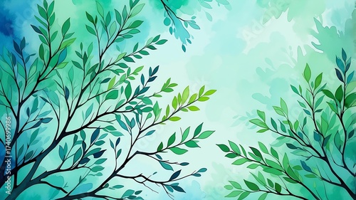 Abstract watercolor style art combination of art blue and green themed background. Tree branches textured art with sense of colors