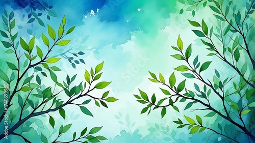 Abstract watercolor style art combination of art blue and green themed background. Tree branches textured art with sense of colors