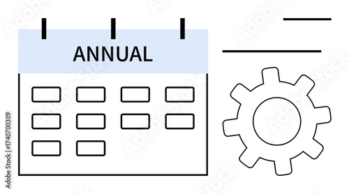Annual calendar with organized blocks and gear symbolizing planning, scheduling, productivity, and workflow. Ideal for time management, organization, strategy, process optimization, task delegation