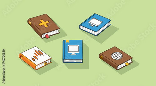 Flat vector illustration of five educational books with icons representing religion, technology, data, and global studies on green background