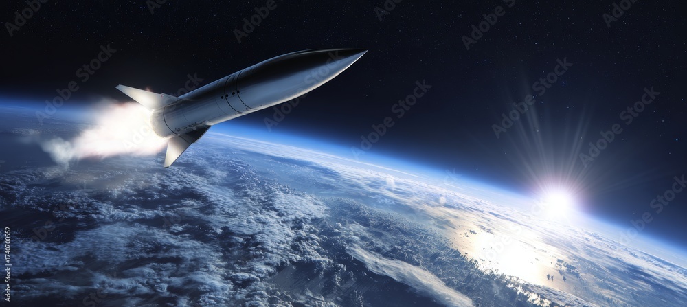 Naklejka premium Ballistic missile reach space orbit. Military war aerial weapon. Generative AI technology.