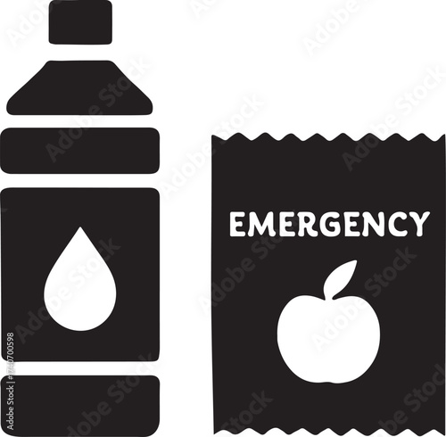 Emergency water bottle and food pack silhouette symbolizing disaster preparedness and aid.