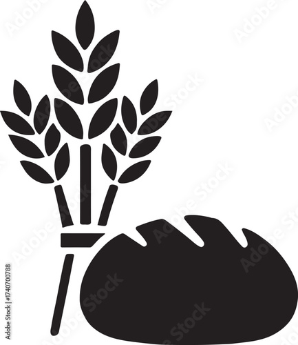 Silhouette of wheat bundle and bread loaf symbolizing bakery and grocery freshness.