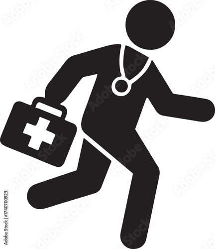 Doctor silhouette running with emergency bag symbolizing urgent medical response and care.