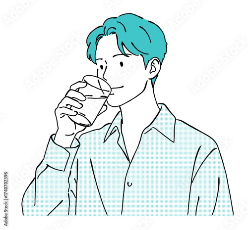 コップの水を飲む男性の線画イラスト,水分補給,喉の渇き,健康,シンプル