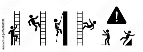 Stickman falling from ladder and climbing accident danger icon set. Safety warning illustration, work injury risk, construction hazard, workplace accident prevention vector pictogram collection.