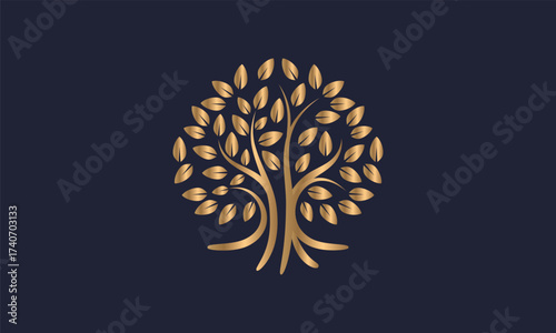 Tree icon, gold color, separate background, navy blue, simple and elegant.