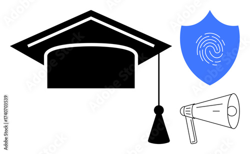 Graduation cap, shield with fingerprint, and megaphone symbolizing education, digital security, and announcements. Ideal for privacy, knowledge sharing, communication, learning security academia