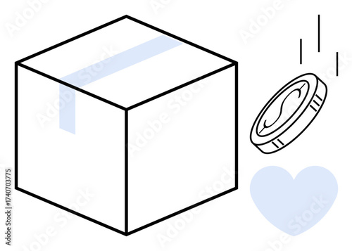 Cardboard box, coin falling into it, and heart symbol. Ideal for charity, donation, kindness, giving, generosity fundraising non-profit campaigns. Simple flat metaphor