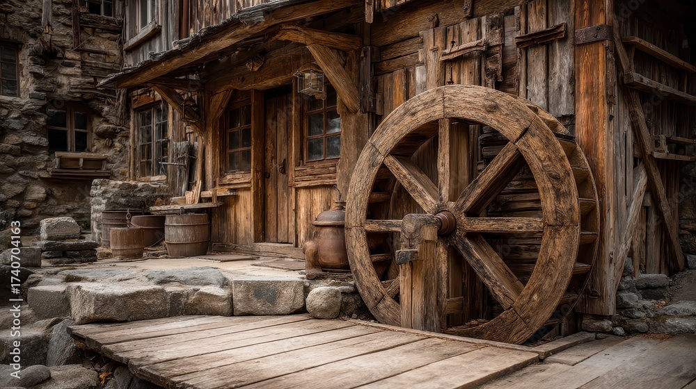 Obraz premium Rustic old wooden watermill with a large water wheel and weathered timber architecture